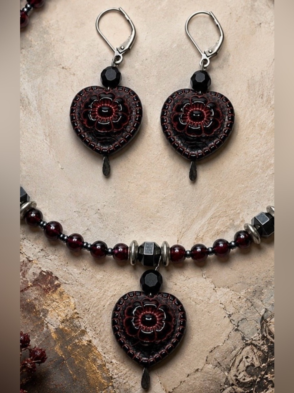 Czech Glass Heart Necklace & Earrings Set, Wrap Necklace, One of a Kind